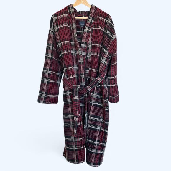 Men's Plush Terry Cloth Robe Majestic International One Size Red Plaid Luxurious - Picture 1 of 8